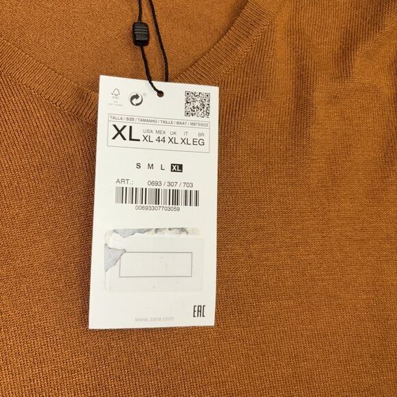 NWT Zara Mens Size XL Brown Lightweight V- Neck Pullover Sweater - Picture 3 of 7